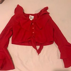 Jennifer, red long sleeve ruffled crop top button up and tie at the bottom